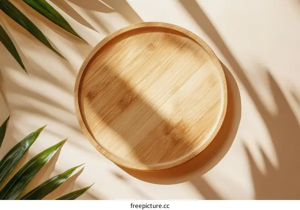 Wooden Plate on Beige Background with Palm Leaves