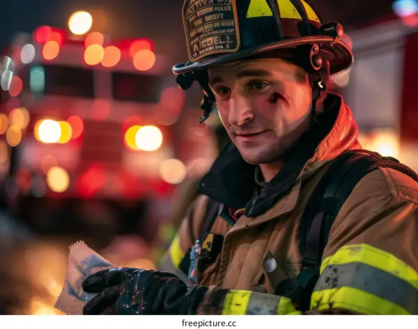 Firefighter Wipes Sweat from His Face