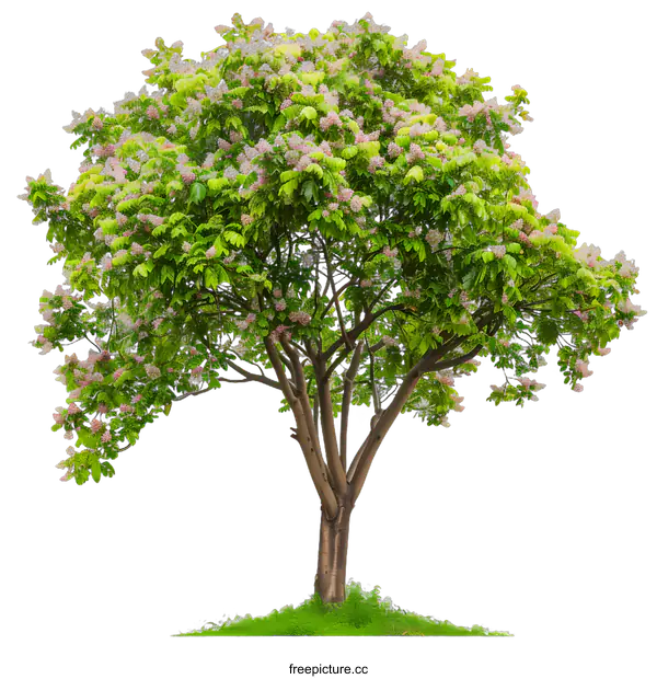 [Transparent Background PNG]Green Tree with Pink Flowers Isolated on White Background