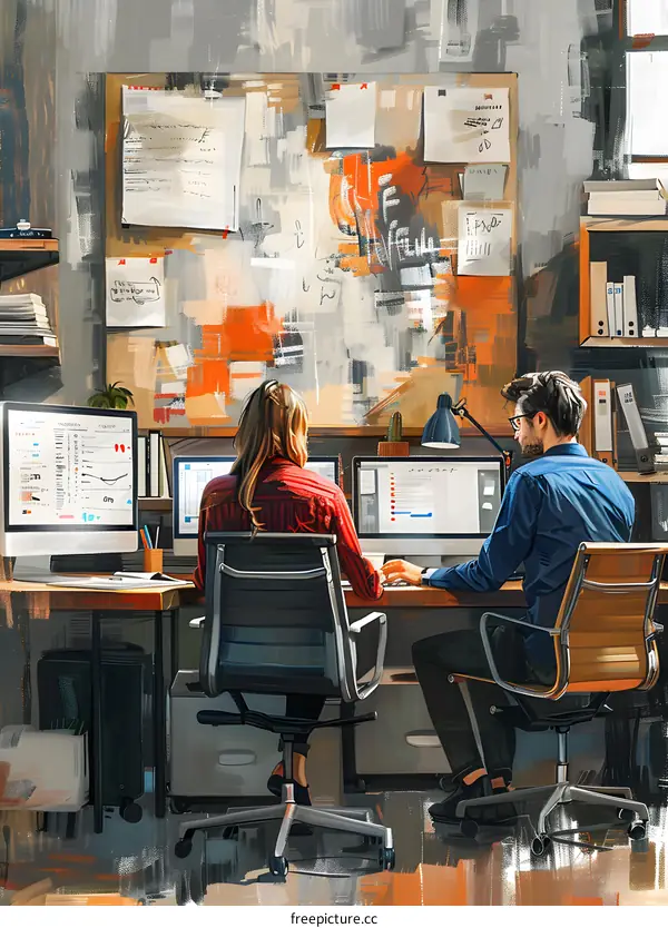 Two people working on computers in an office