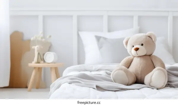 A cute teddy bear on a white bedspread in a cozy bedroom