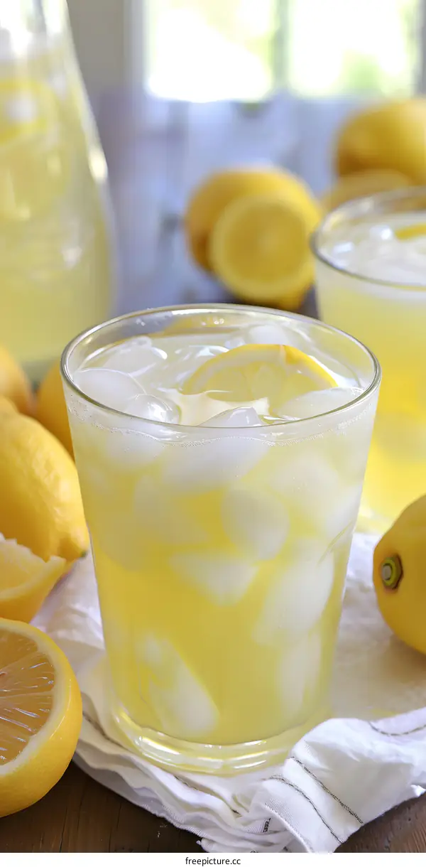 Glass of Lemonade with Ice and Lemon Slices on Wooden Table