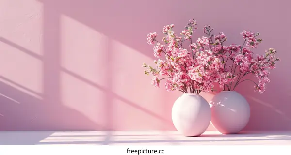 Pink flowers in vases on pink background with sunlight shadows