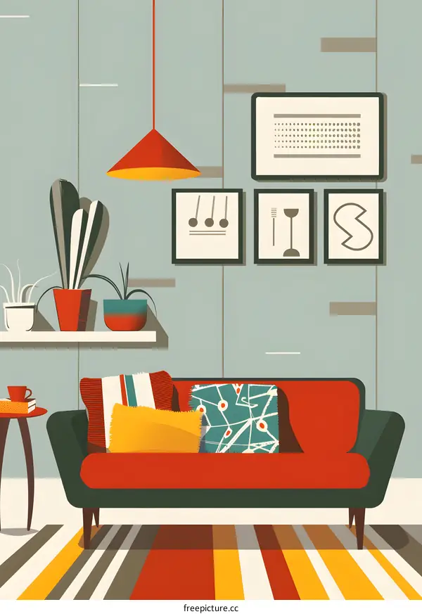 Mid Century Modern Living Room Illustration With Red Sofa And Geometric Patterns