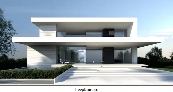 Modern Two Story House With Large Windows And Stone Wall