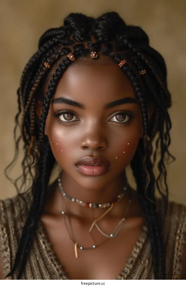 portrait of a young African woman with braided hair and traditional African jewelry