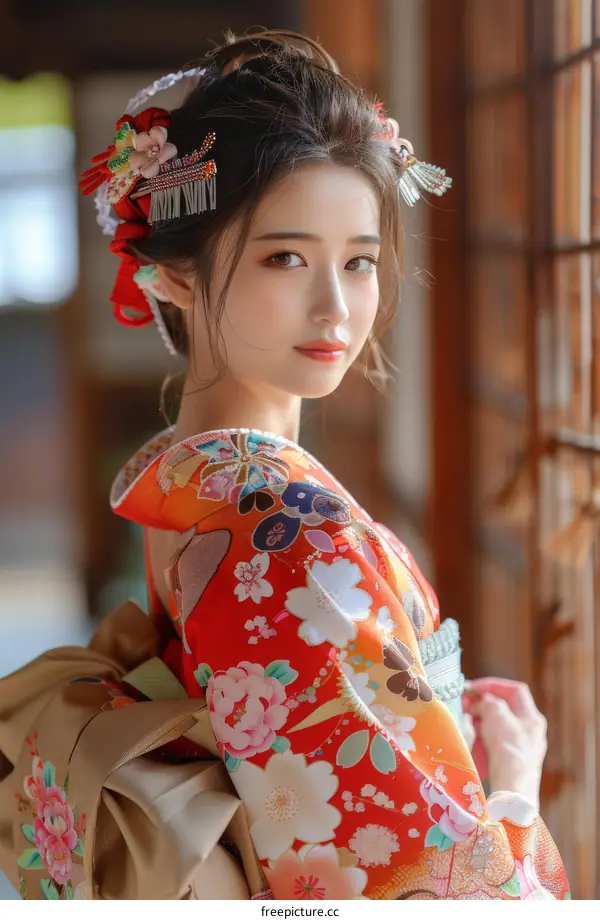 Portrait of a beautiful Japanese woman in traditional kimono