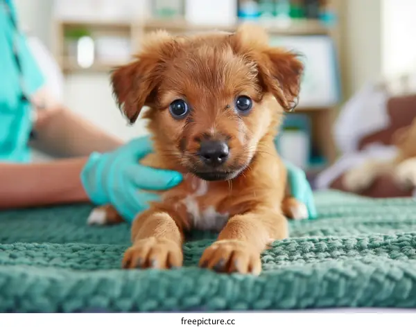 Brown Puppy Getting Examined By Veterinarian