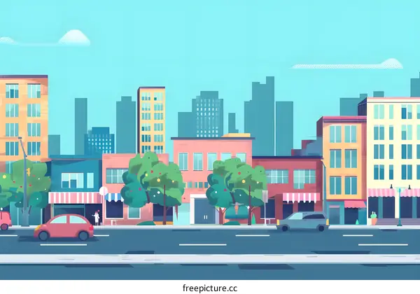 Cartoon Flat City Illustration with Buildings and Street