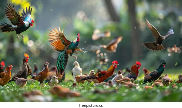 Colorful Pheasants and Chickens in a Forest Clearing