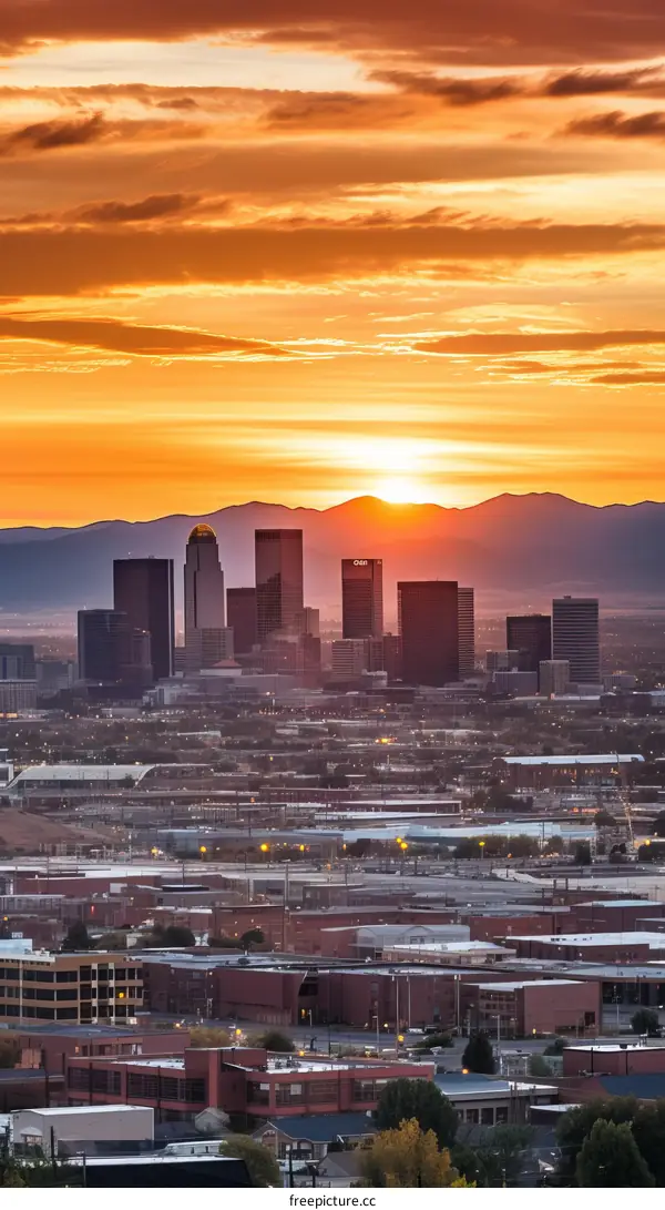 Denver Skyline Sunset with Mountain Views