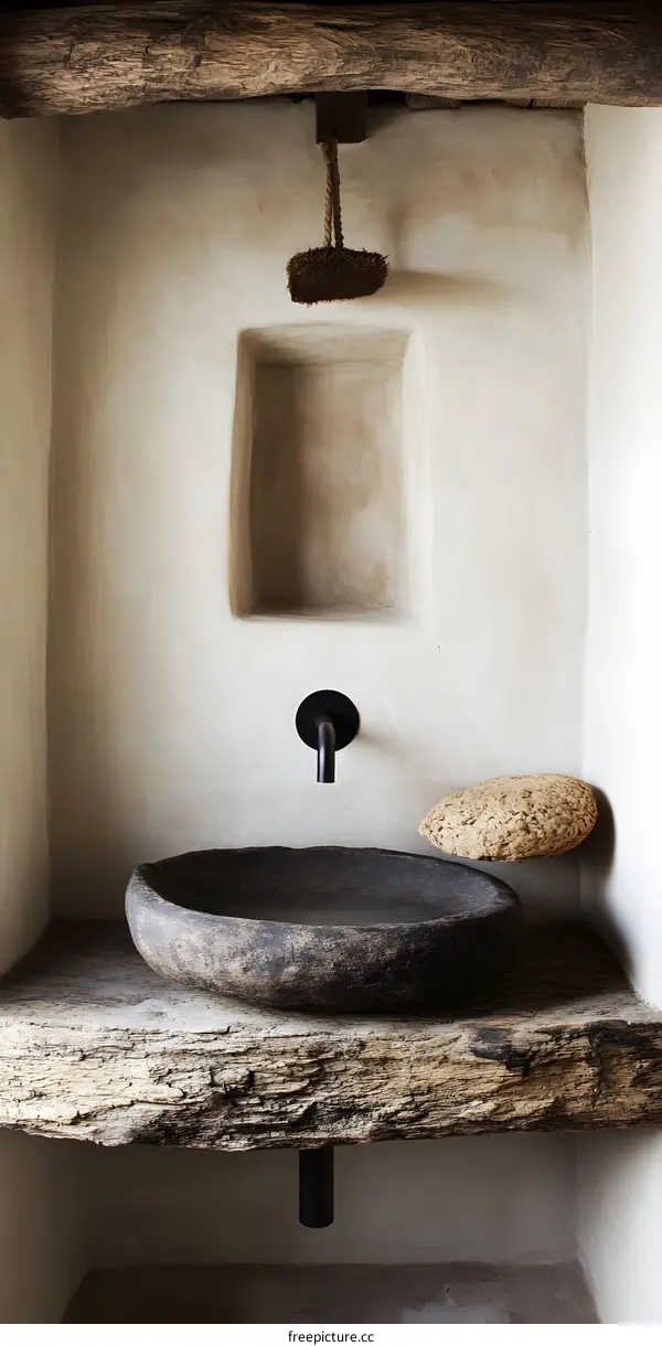Rustic Bathroom Sink with Stone Countertop and Wooden Beam