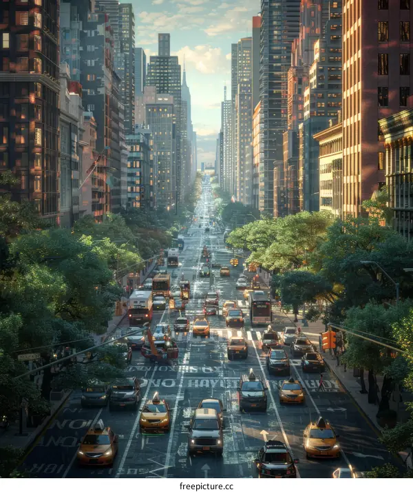 Busy City Street with High-Rise Buildings