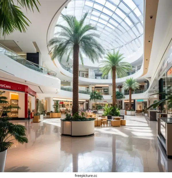 Palm trees in a large shopping mall with a glass roof