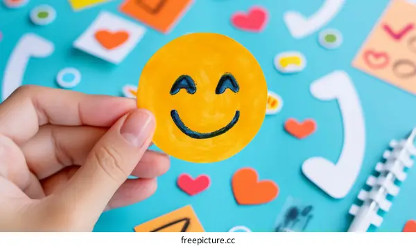 A hand holding a yellow smiley face against a blue background with colorful paper hearts and other shapes