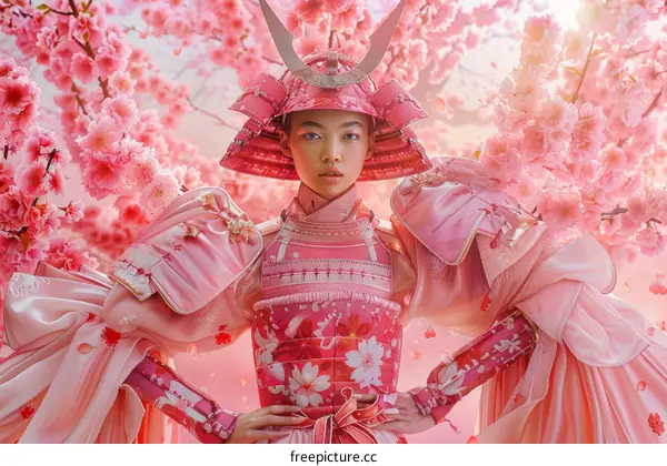 A young woman wearing a pink samurai armor stands in a field of cherry blossoms.