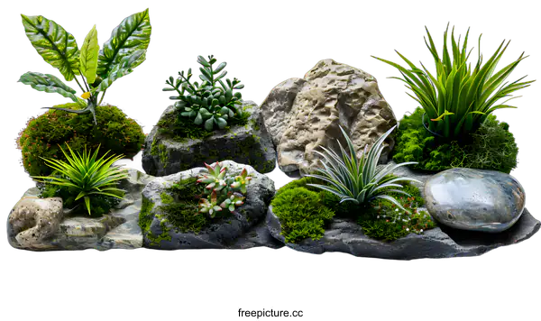 [Transparent Background PNG]Green plants and rocks on a white background