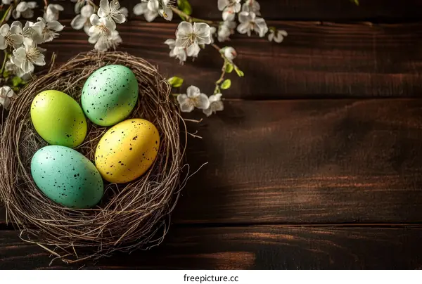 Colorful Easter Eggs in a Nest with Spring Flowers