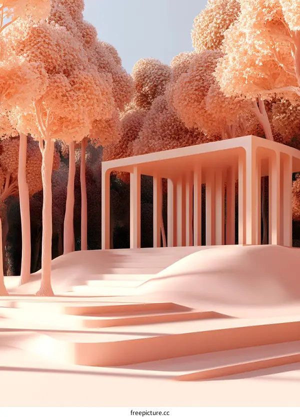 Minimalist Modern Architecture in a Pink Forest