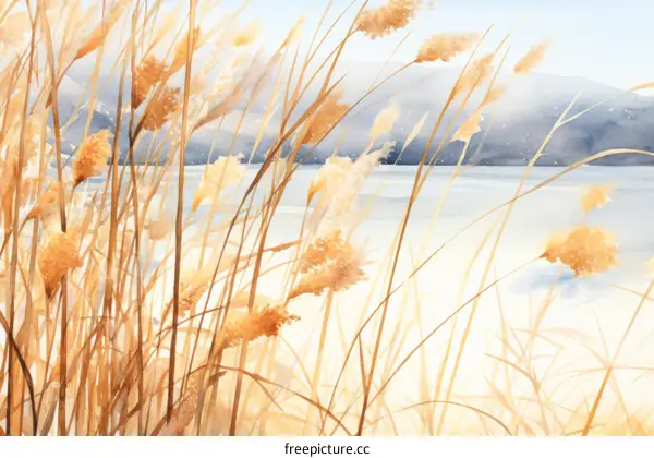 watercolor painting of grass field with mountains in the background