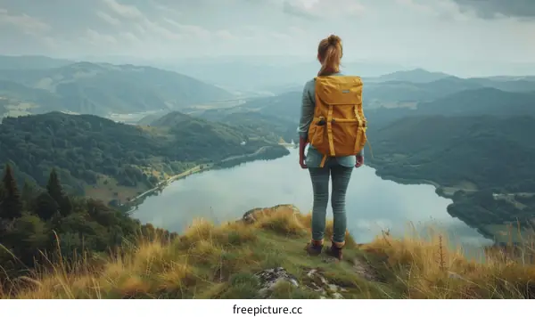 Young woman standing on a mountaintop overlooking a lake