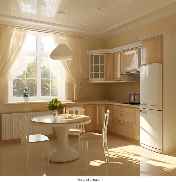 Modern Kitchen Interior Design with Wooden Cabinets and White Table