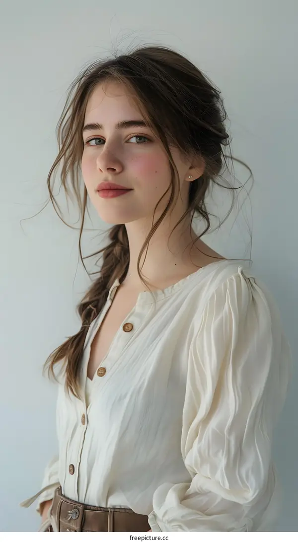 portrait of a young woman with freckles and brown hair