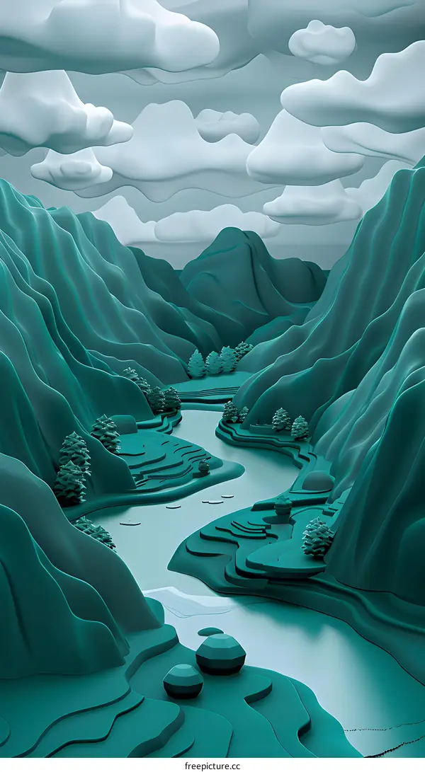 Abstract 3D Illustration of a River Valley with Clouds
