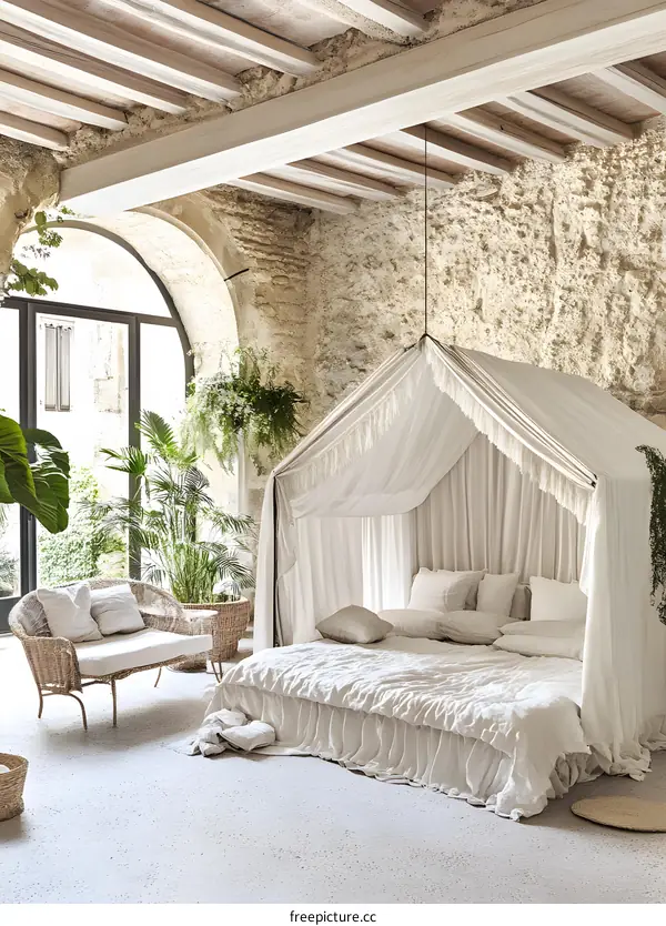 Modern Canopy Bed in Rustic Room with White Walls and Wooden Beams