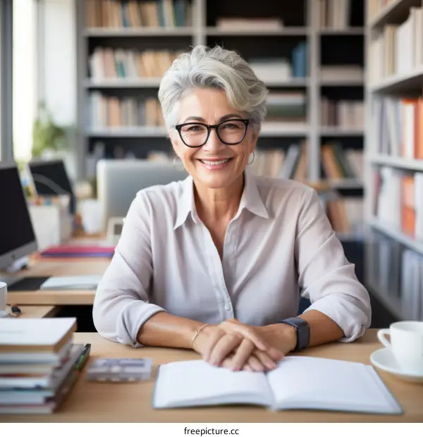 Confident senior businesswoman sitting at her desk in the office