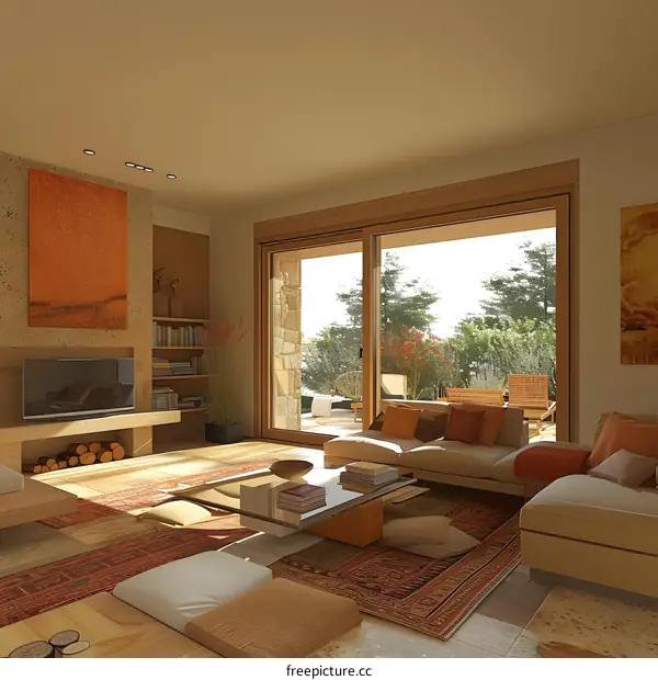 A modern living room with a large glass door and a fireplace