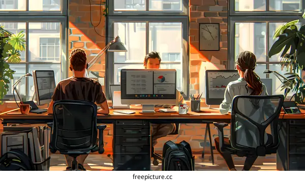 Three People Working at Desk in Modern Office