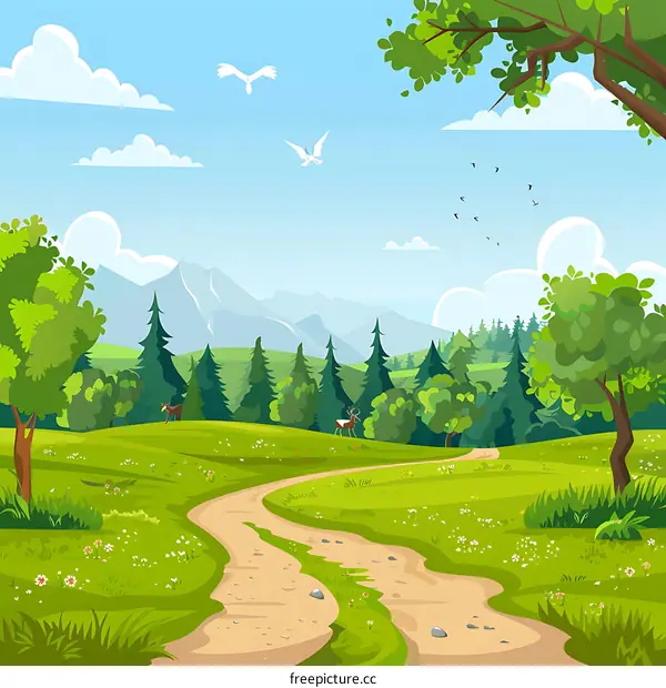 Forest Landscape with Winding Road and Mountains