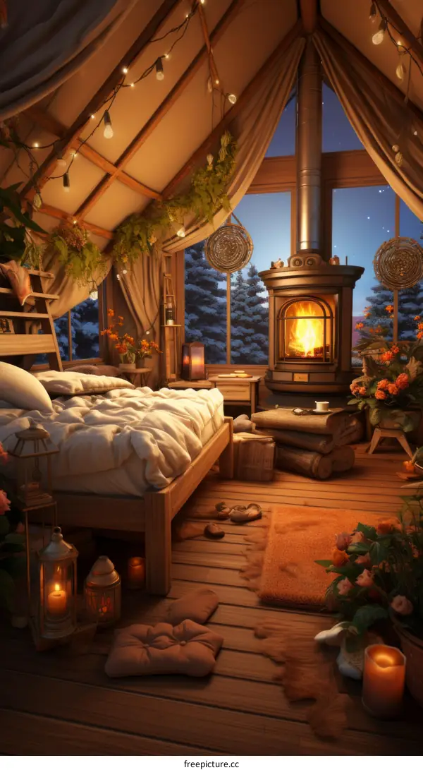 Cozy bedroom interior design with fireplace and fairy lights