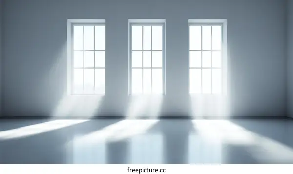 Empty Room with Sunlight Rays through Three Large Windows