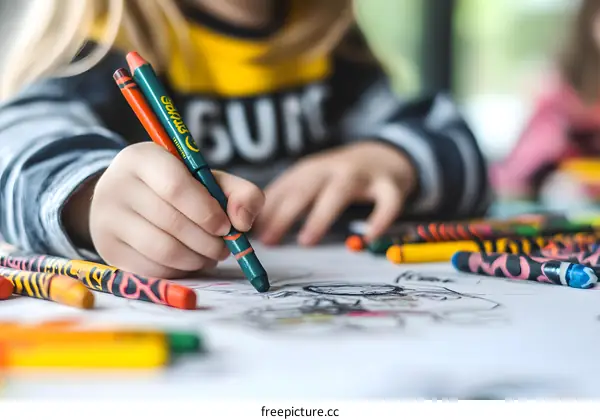 Child Drawing with Crayons on Paper