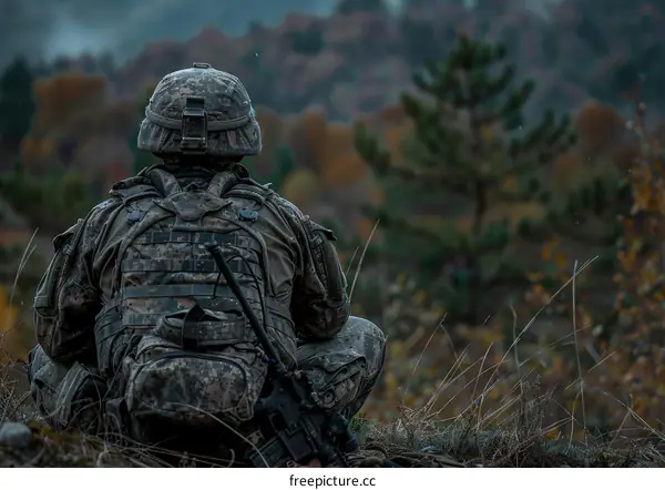 Soldier in the woods looking at the distance