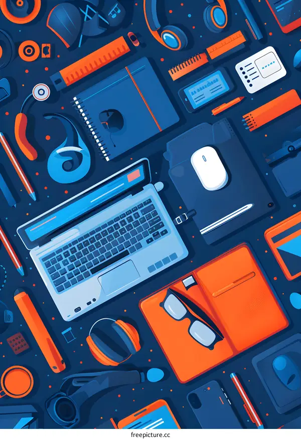 Flat Design Illustration of Various Office Supplies on a Blue Background