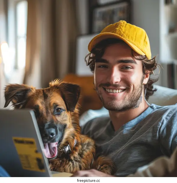 A man and his dog are looking at a laptop.