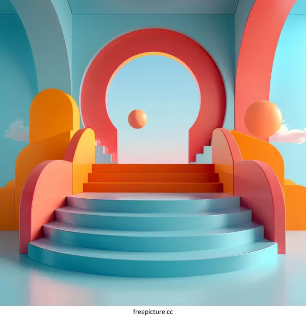 3D rendering of a colorful abstract room with a staircase and a large archway