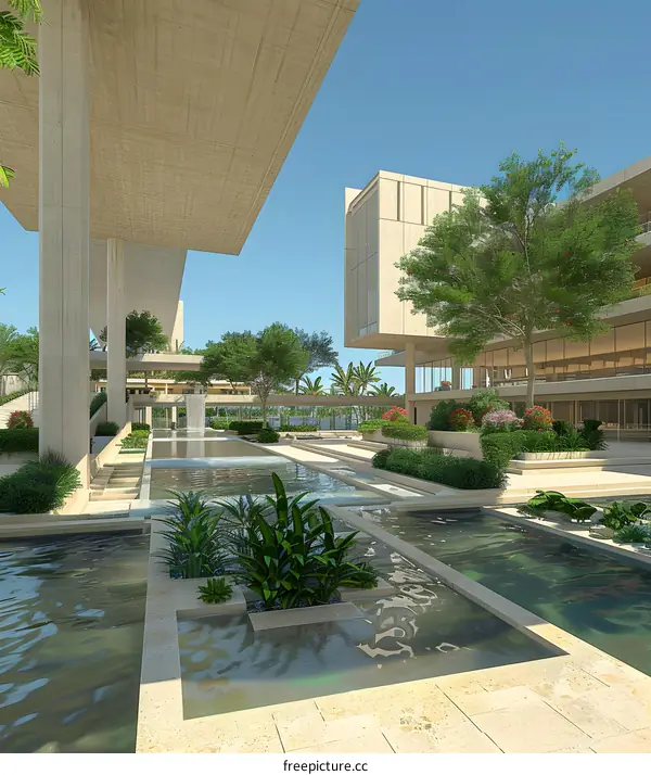 An illustration of a building with a pool in the center