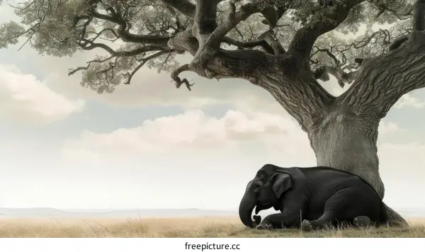 Elephant resting under a big tree