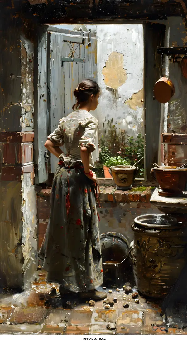 A Woman in a Kitchen Looking Out the Window