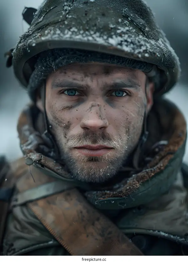 Portrait of a soldier in the snow