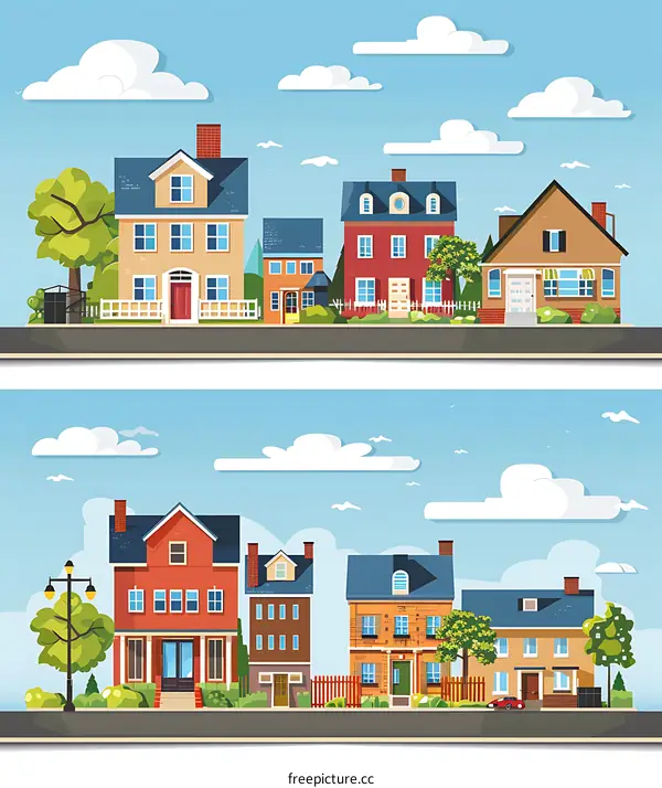Illustration of a Charming Suburban Neighborhood with Houses and Trees