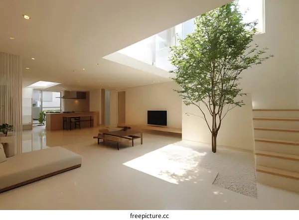 Modern Minimalist Living Room Design with Indoor Tree and Skylight