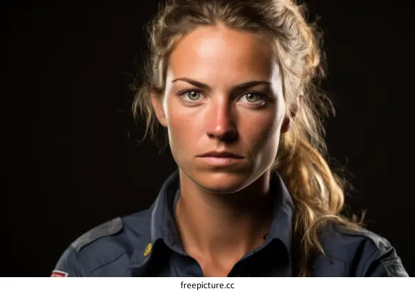 Portrait of a serious young female firefighter in uniform