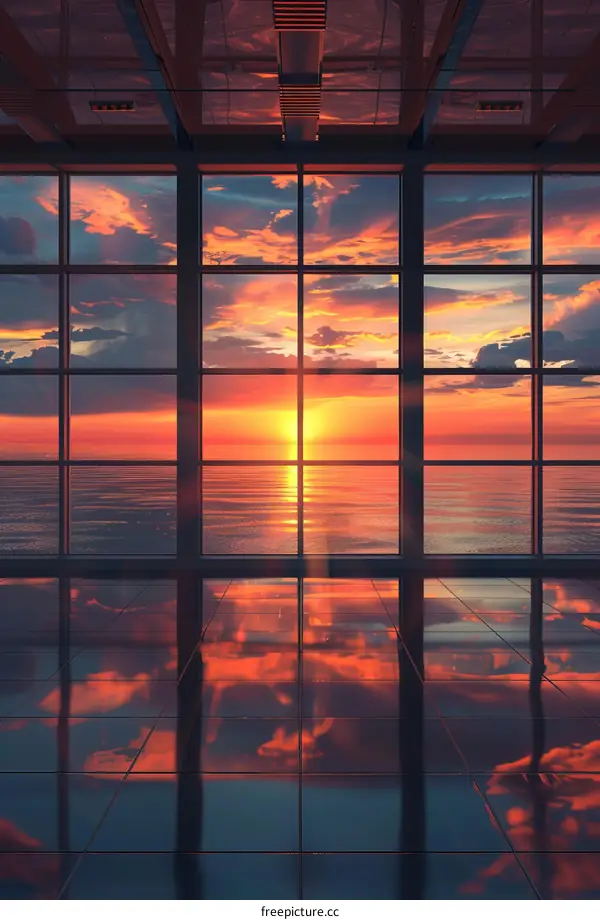 Modern interior space with large windows overlooking a beautiful sunset over the ocean