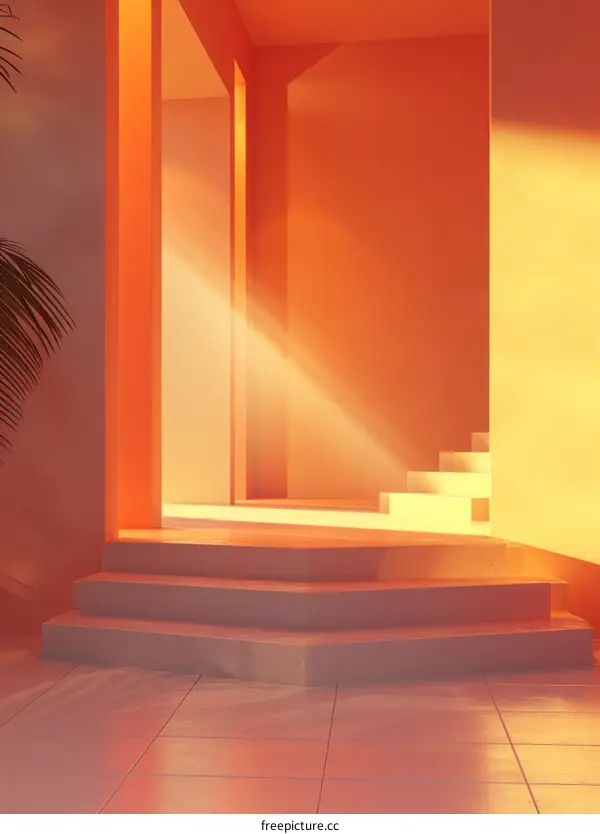 Orange architectural background with stairs and sunlight