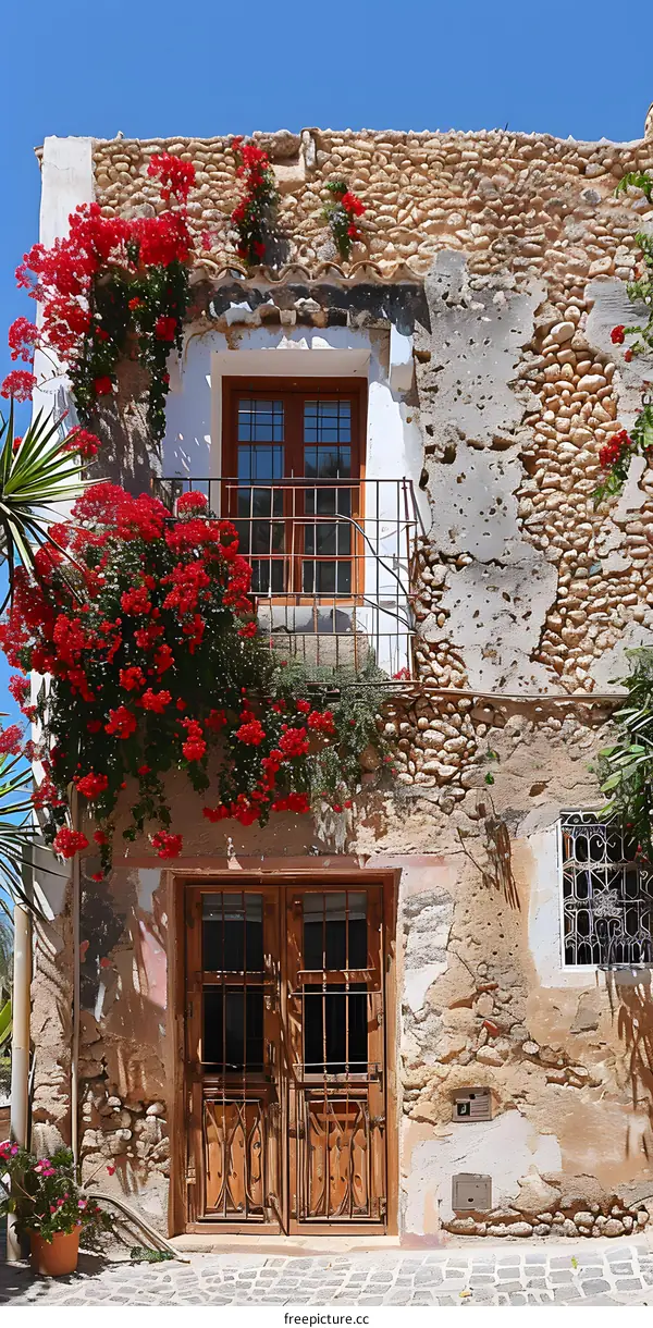 A beautiful stone house with a red door and a balcony with flowers